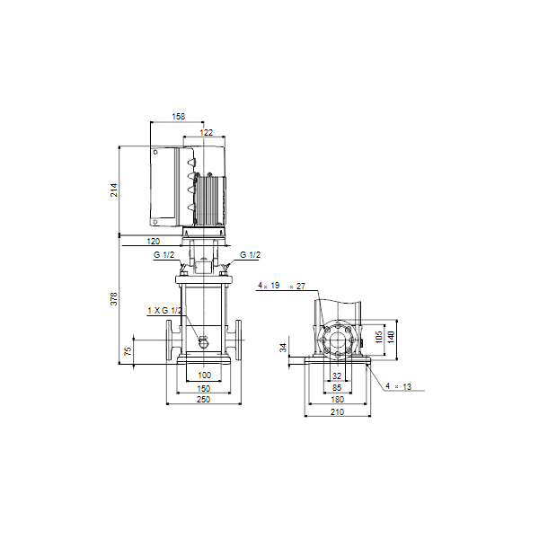 Вертикальный многоступенчатый центробежный насос Grundfos CRNE 3-8 N-FGJ-A-E-HQQE артикул 98389927 – габаритный чертеж