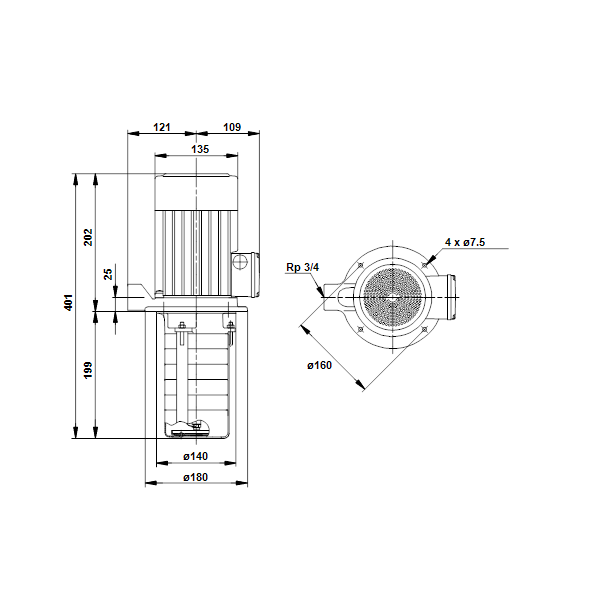 Полупогружной насос Grundfos MTH4-40/1 A-W-I-AQQV артикул 44681141 – габаритный чертеж